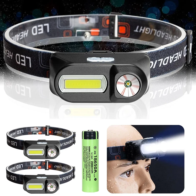 Powerful Mini XPE+COB Headlamp Super Bright LED Head Flashlight USB Rechargeable Outdoor Fishing Camping Headlight