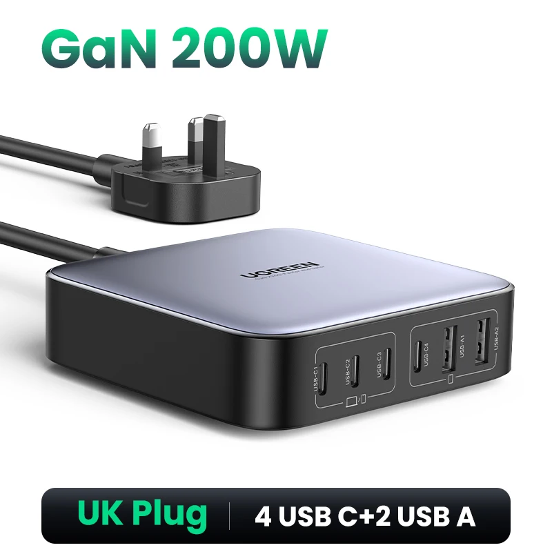 UGREEN 200W GaN Charger Desktop Laptop Fast Charger 6 in 1 Adapter