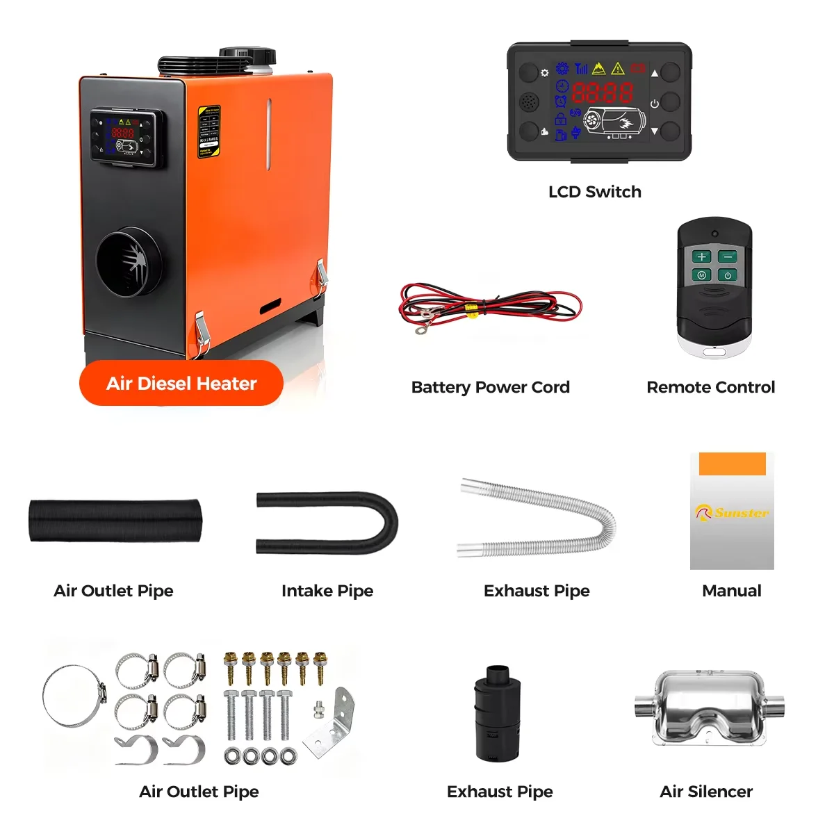 Sunster TR3 8KW All-in-One Diesel Parking Heater,12V/24V,Aluminum Alloy Upgrade,LCD Remote,0.11-0.38L/H Low Fuel,5L Tank 20H,Safety Protect,Complete Accessories for RV Camper Van Truck Caravan