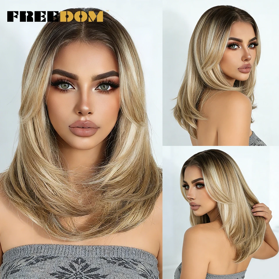 

FREEDOM 13X3 Pre Plucked Straight Layered Wigs Synthetic Lace Front Wigs For Women 16" Ombre Blonde Highlight Daily Use Wigs