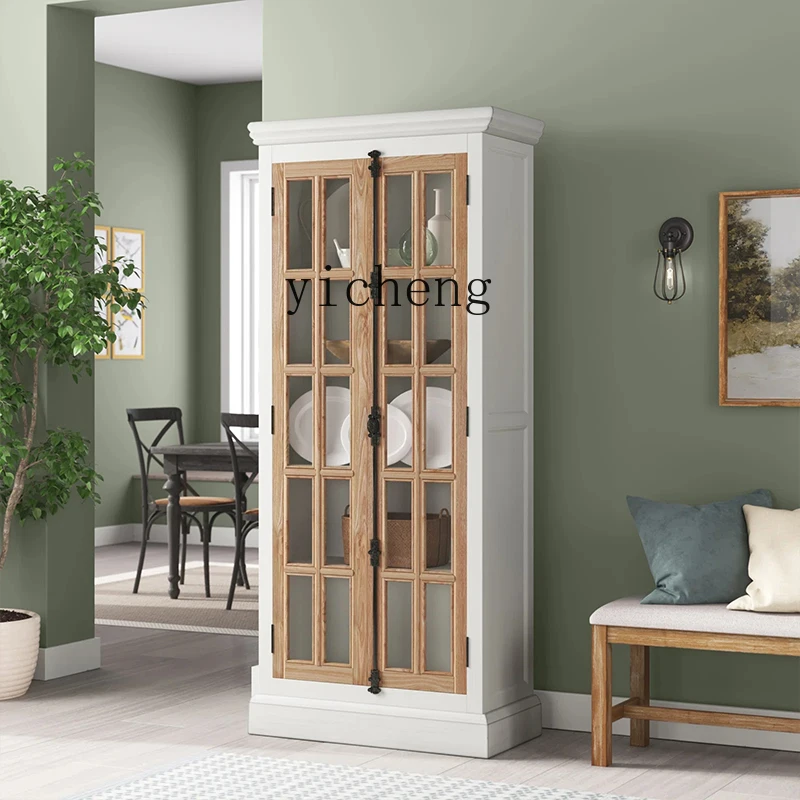 

ZYA Vintage Bookcase Home Solid Wood Floor Glass Door Bookshelf Bedroom Wall Storage Cabinet