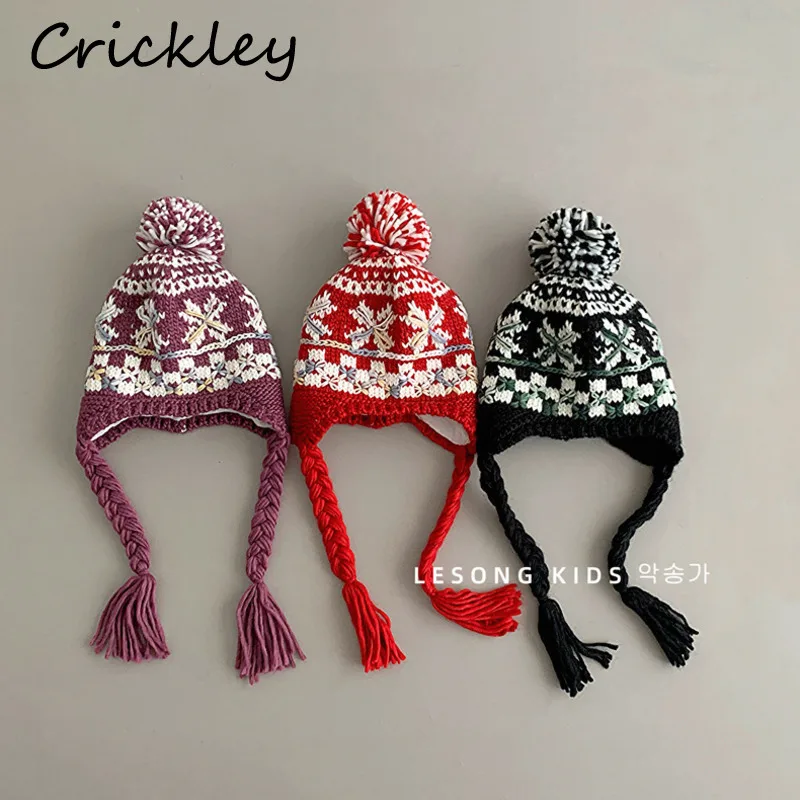 Jacquard Weave Pattern Boys Girls Hats Autumn Winter Knitted Children Caps Ear Protection Warm Thick Kids Hats