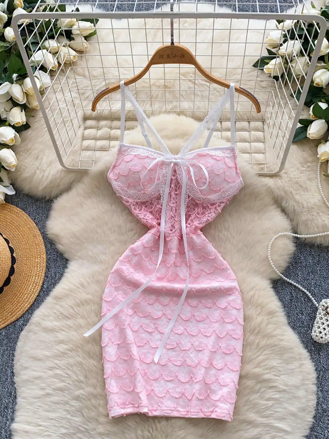 

Женское розовое мини-кружевное платье, винтажное облегающее платье с открытыми плечами и бантом Y2k, цельные платья 2000-х годов, кокетка, летняя одежда