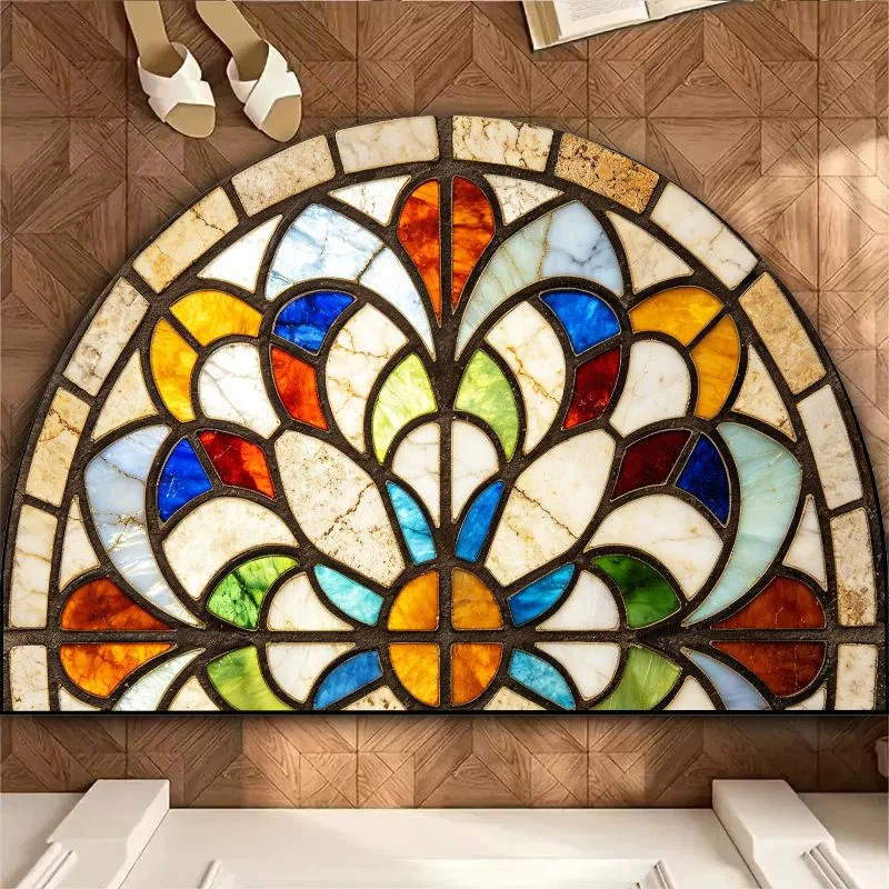 VIKAMA Half Round European Retro Color Church Painted Glass Door Pads Entrances Bathroom Doors Home Carpets Home Decor