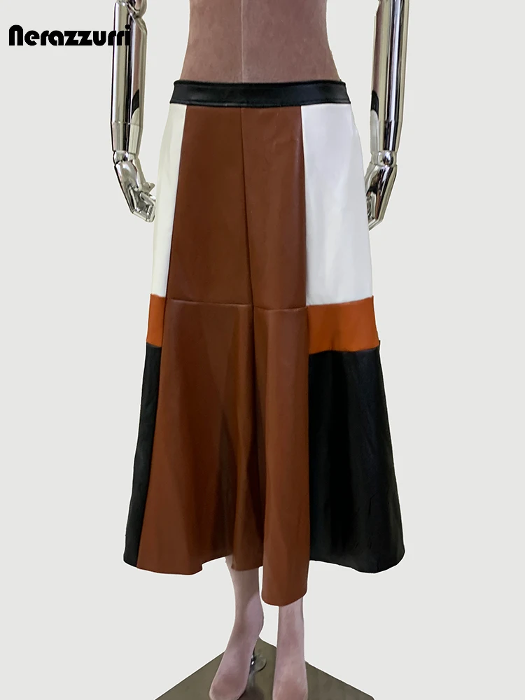 Nerazzurri Spring Autumn Soft Color Block Patchwork Pu Leather Skirt Women High Waist Elegant Chic Luxury Designer Clothes 2024