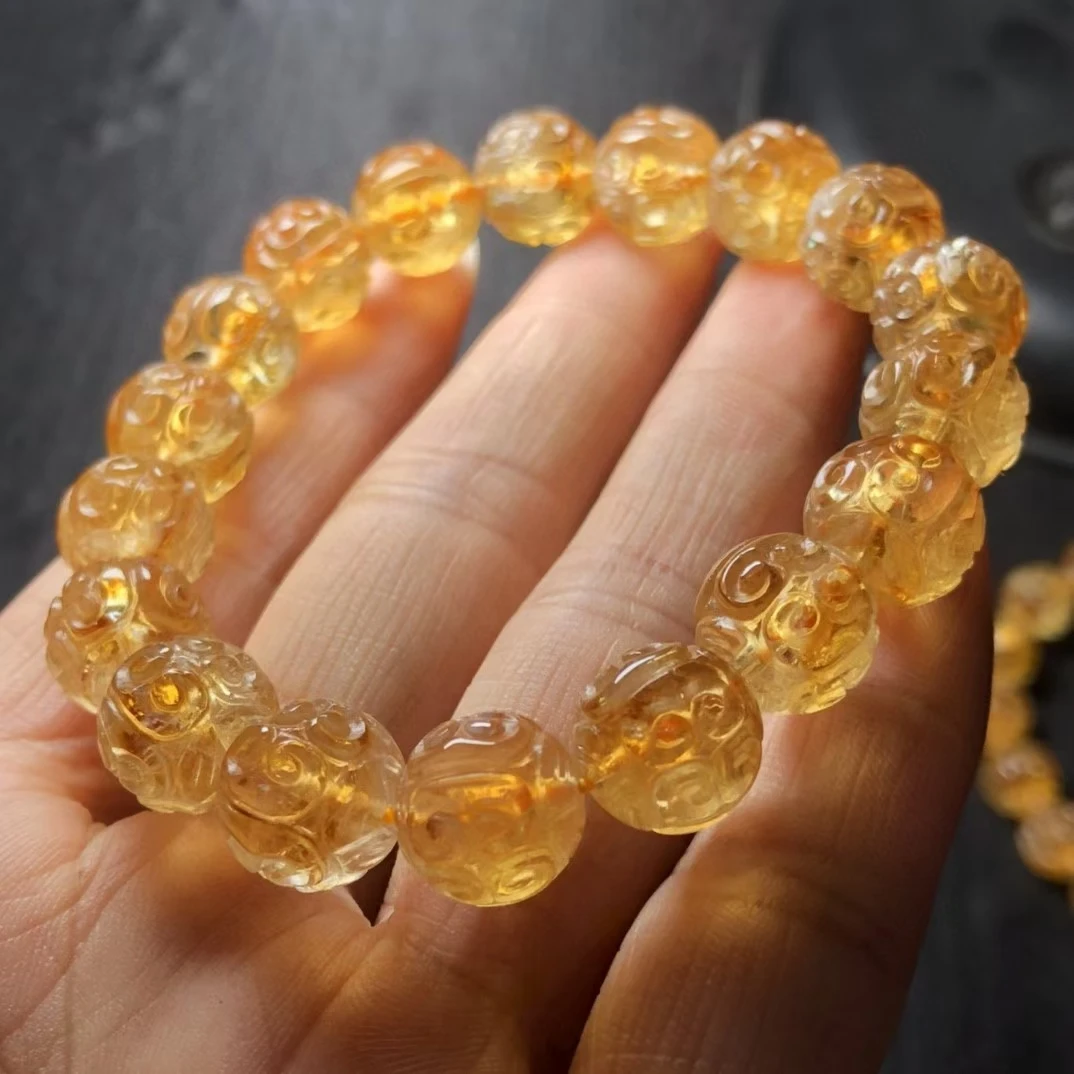 Natural Yellow Citrine Quartz Crystal Carved Beads Bracelet Gemstone Citrine 11mm Rare Stone Wealthy Women Men AAAAAA