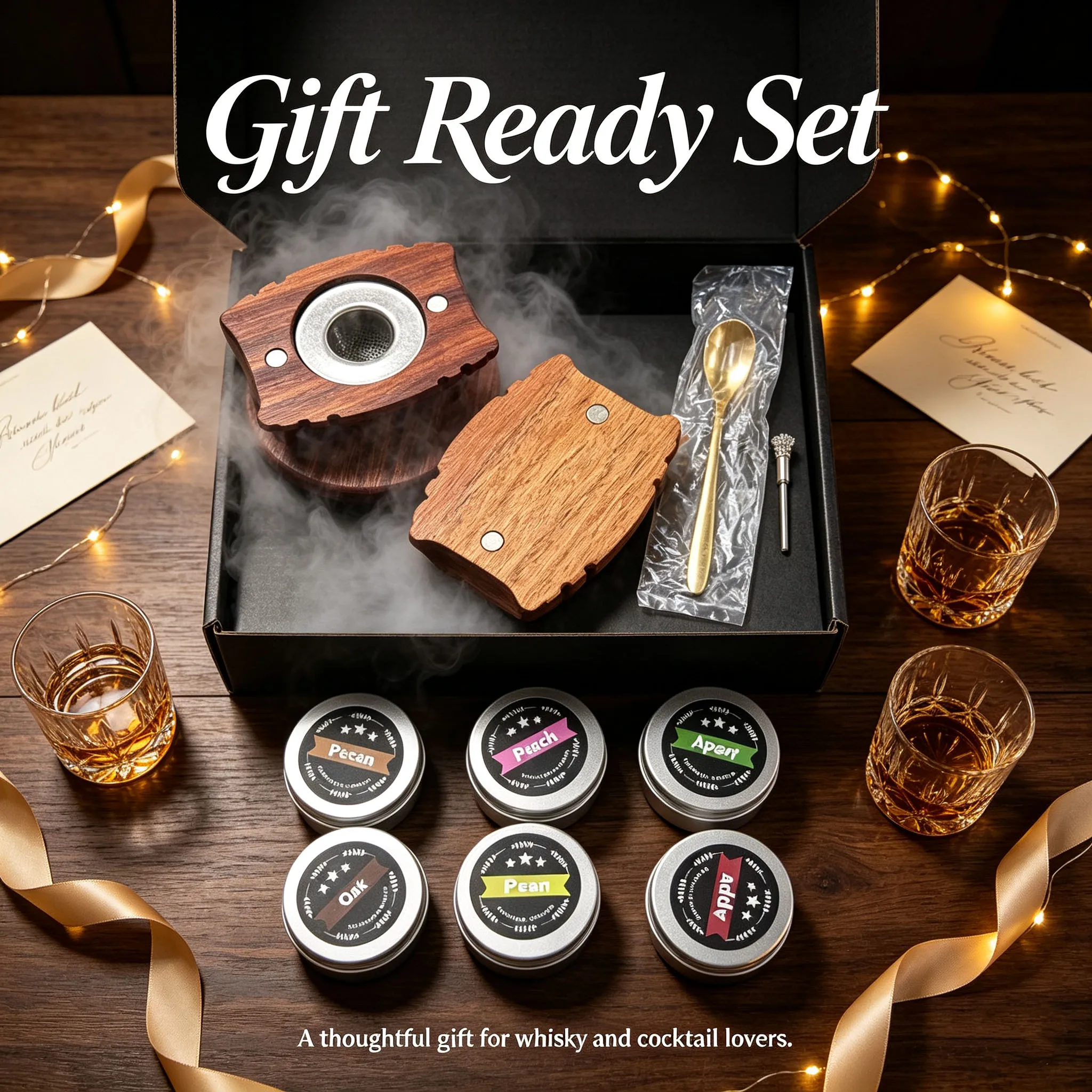 Bourbon Whiskey Smoker Kit With 6 Flavors Wood Chips Wooden Barrel Hood Metal Filter Old Fashioned Infuser Home Bar Gift Set