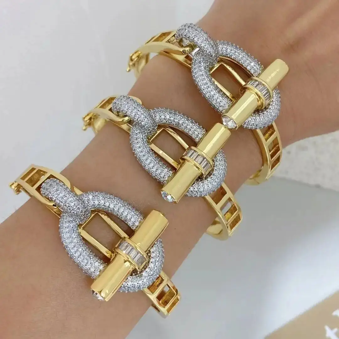 

3Pcs 2024 Gold Silver Color Inlaid Cubic Zirconia Metal Cuff Open Bracelet Bangle 18K Plated Men Charm Jewelry Gift