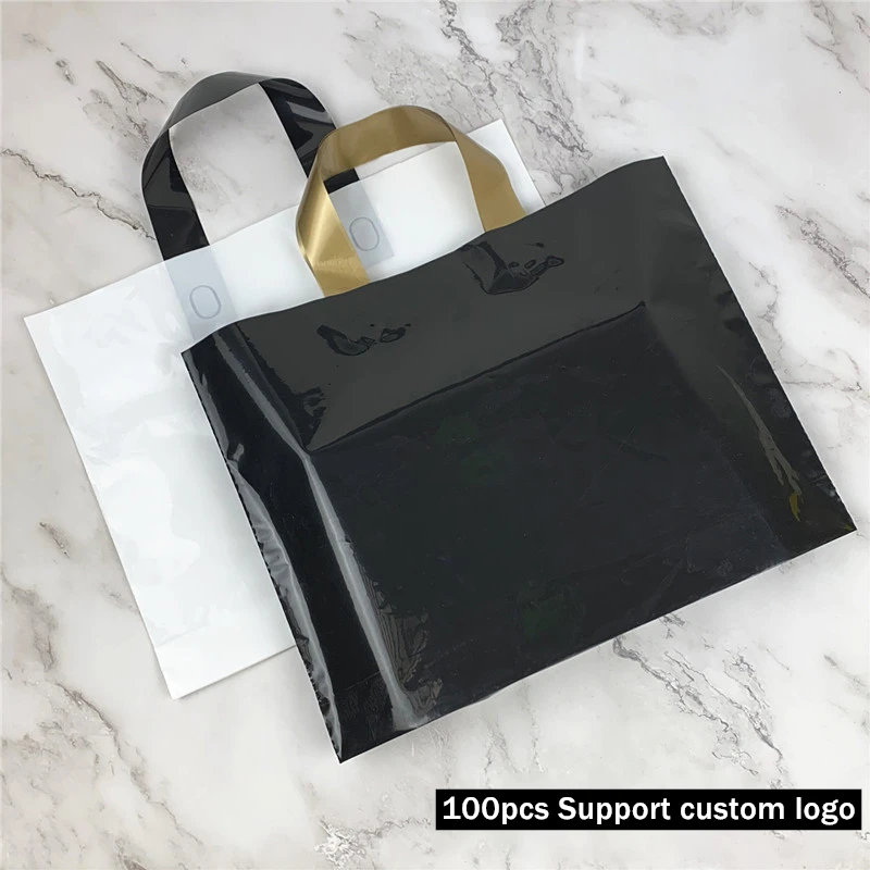 50pcs Thick Large Plastic Bags Black White Jewelry Cosmetics Gift Bag Clothing Store Packaging Bags 100pcs Support Custom Logo