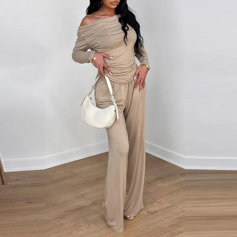 Nowe eleganckie topy z długim rękawem i szerokie nogawki Garnitur All Match Solid Color Tracksuit Women Casual Skew Collar Skinny Two Piece Outfit