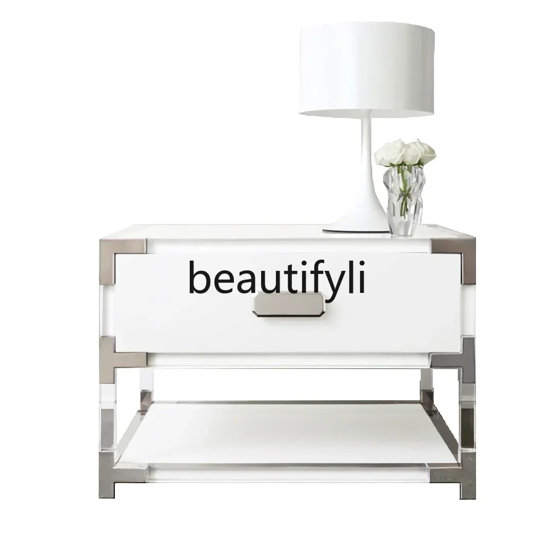 

Acrylic bedside table stainless steel and wood combined process transparent plexiglass model room