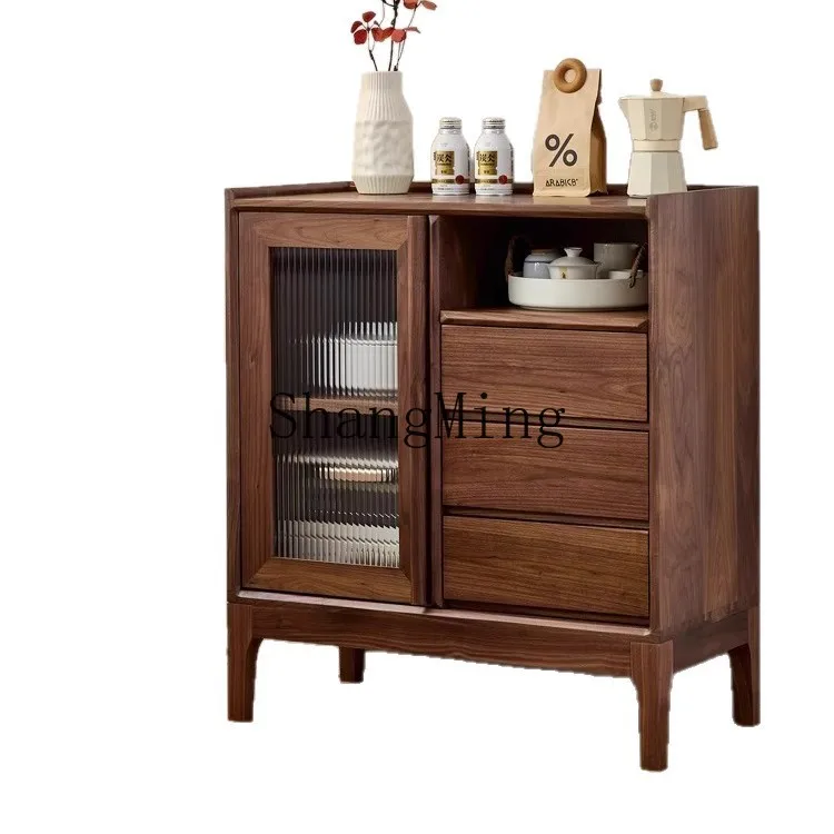 

ZYY black walnut home dining side cabinet solid wood living room dining room storage glass door locker