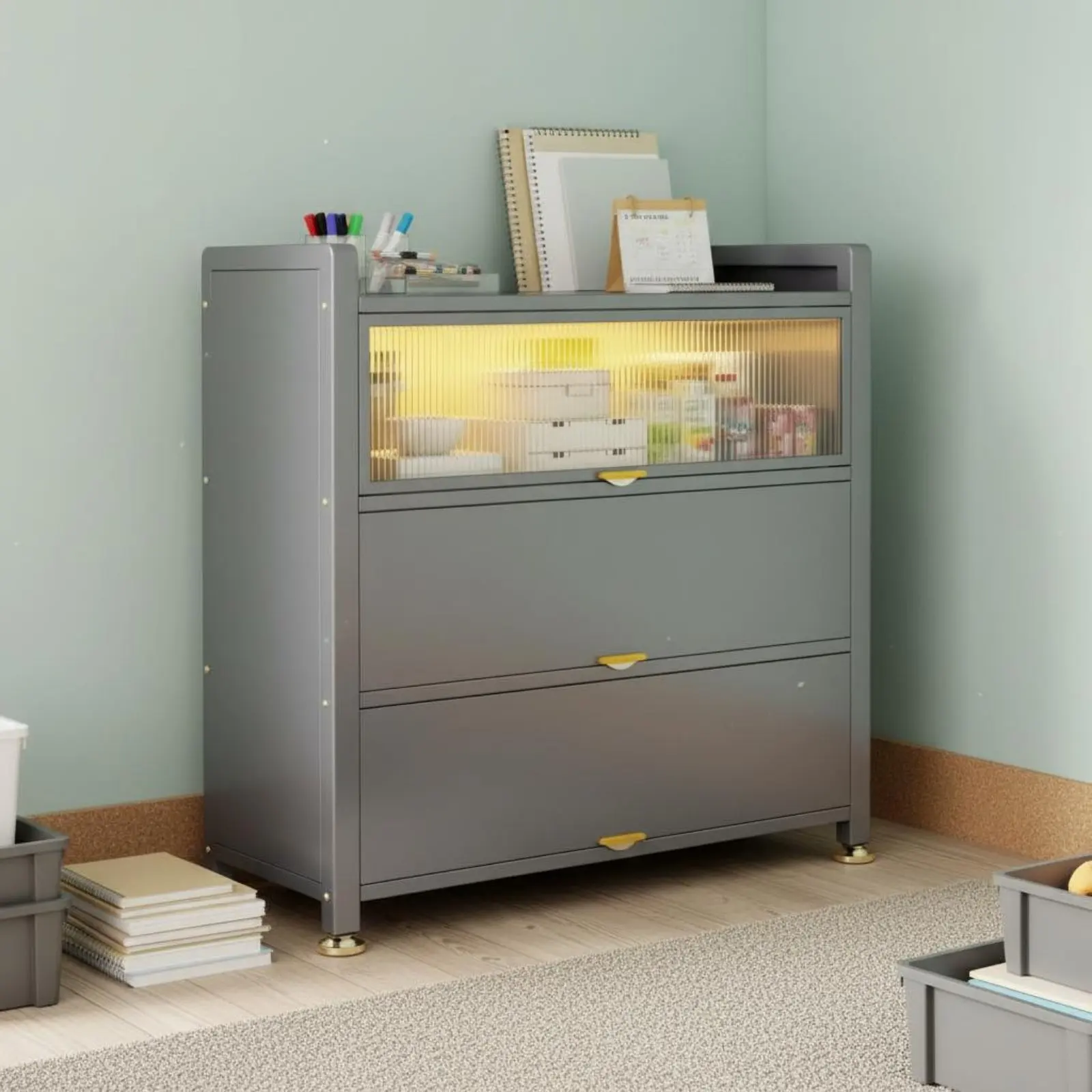 Multi-Tier Storage Cabinet with Doors Dustproof Floor Standing Shelving Unit Hinged Door Storage Organizer Moistureresistant