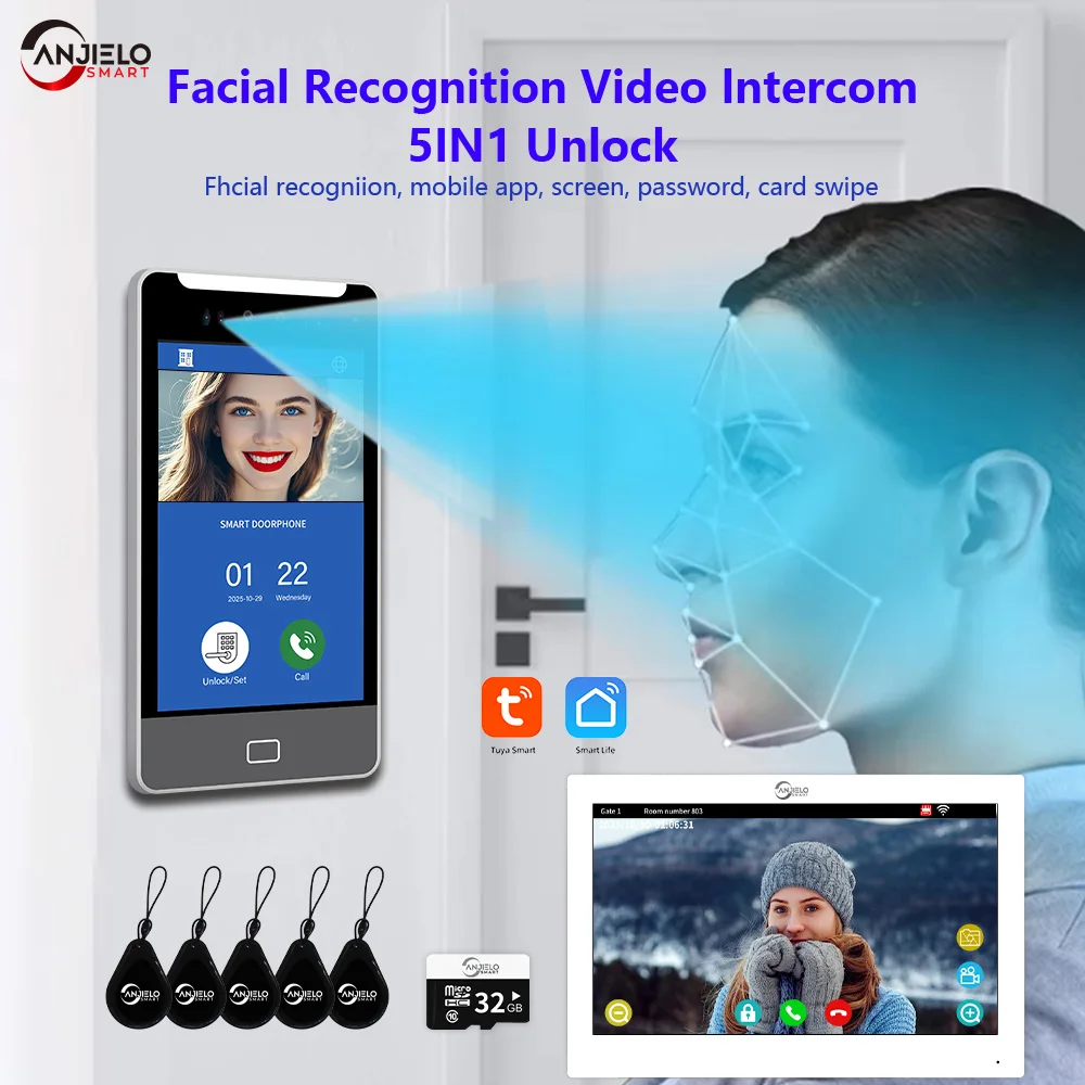

ANJIELO 5IN1TUYA Smart Unlock AI Face Recognition Video Intercom Smart Doorbell Villas High-rise Buildings Apartment Office