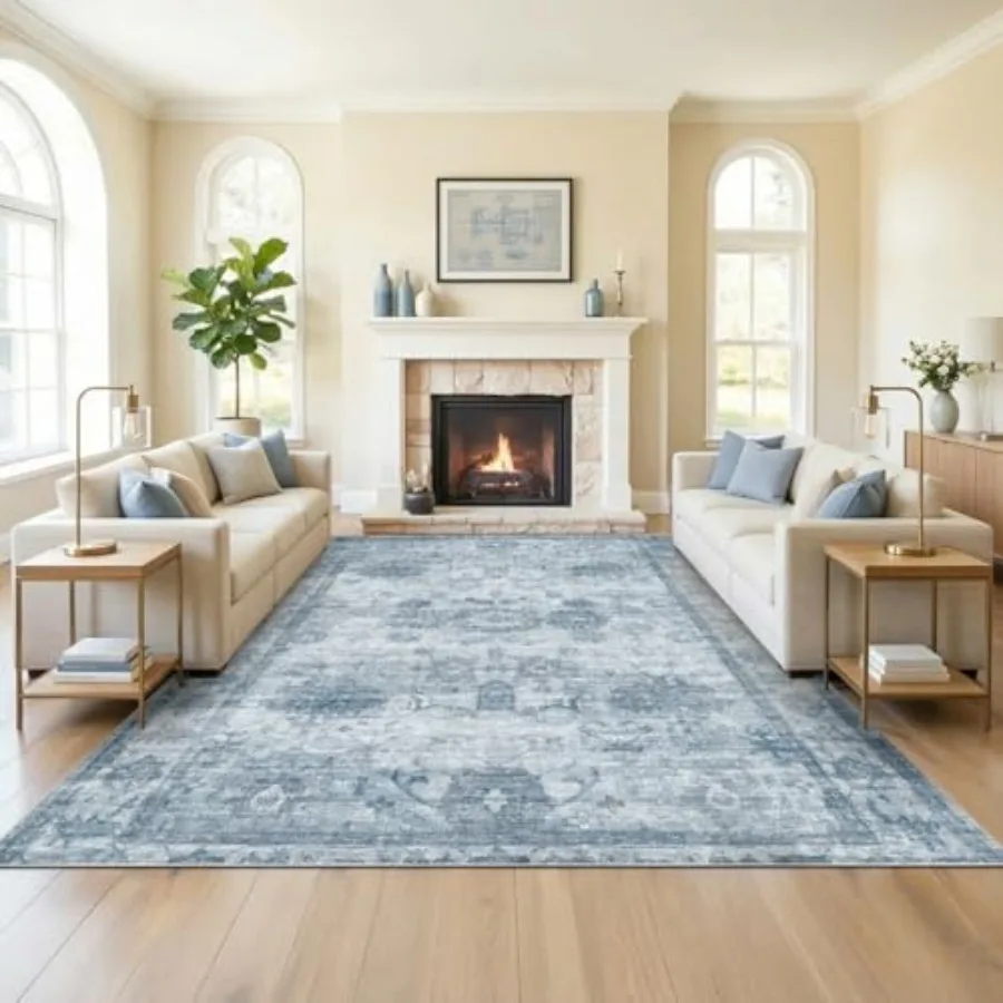 

Washable 8x10 area rug for living room bedroom dining room vintage faux wool, blue, non-slip foldable indoor carpet with home d