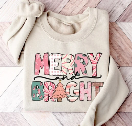 

Merry and Bright Sweatshirt Lady Christmas Gift Unique Harajuku Casual Aesthetic Streetwear Stretchy New Arrival Printed Hoodies