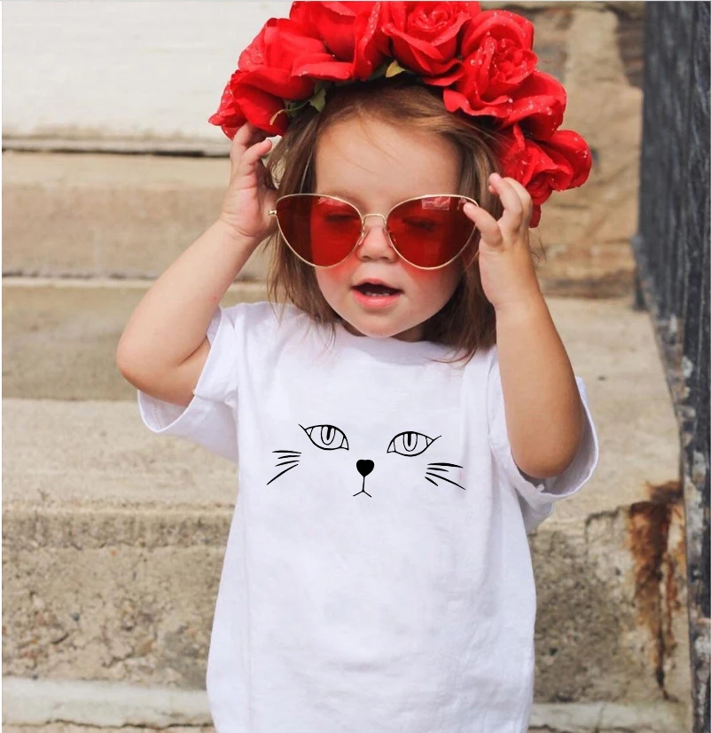 Милые рубашки для девочек, футболки с короткими рукавами и рисунком кота, повседневная хлопковая футболка с круглым вырезом, детские летние топы, одежда
