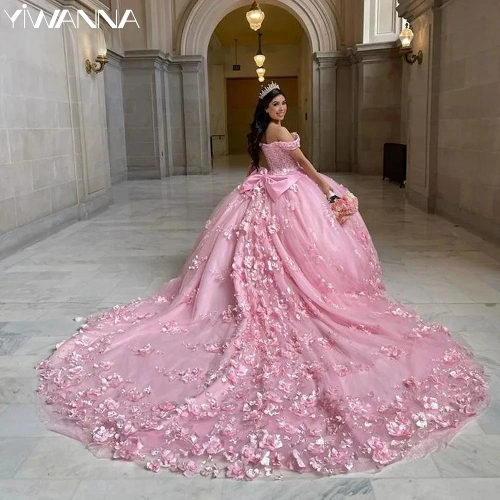 

Charming Off The Shoulder Quinceanrra Prom Dresses Pink Appliques 3D Flower Princess Long Green Graceful Sweet 16 Dress Vestidos