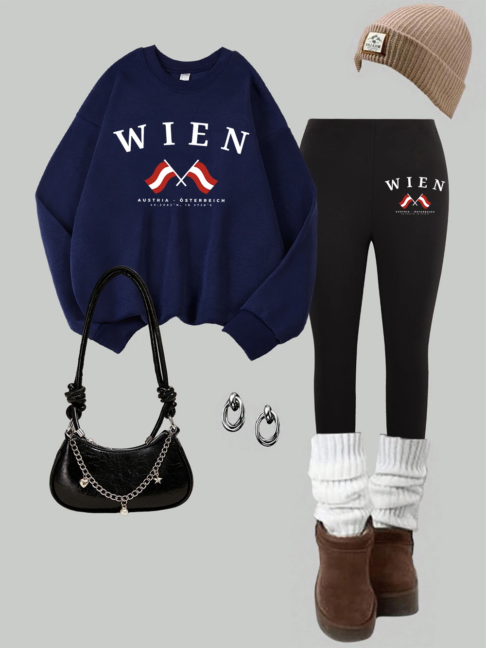 Set Legging Sweter Cetak Bendera Austria Wien Wanita 2 Potong Celana Hoodie Termal Bulu Modis Pakaian Wanita Musim Gugur Musim Dingin