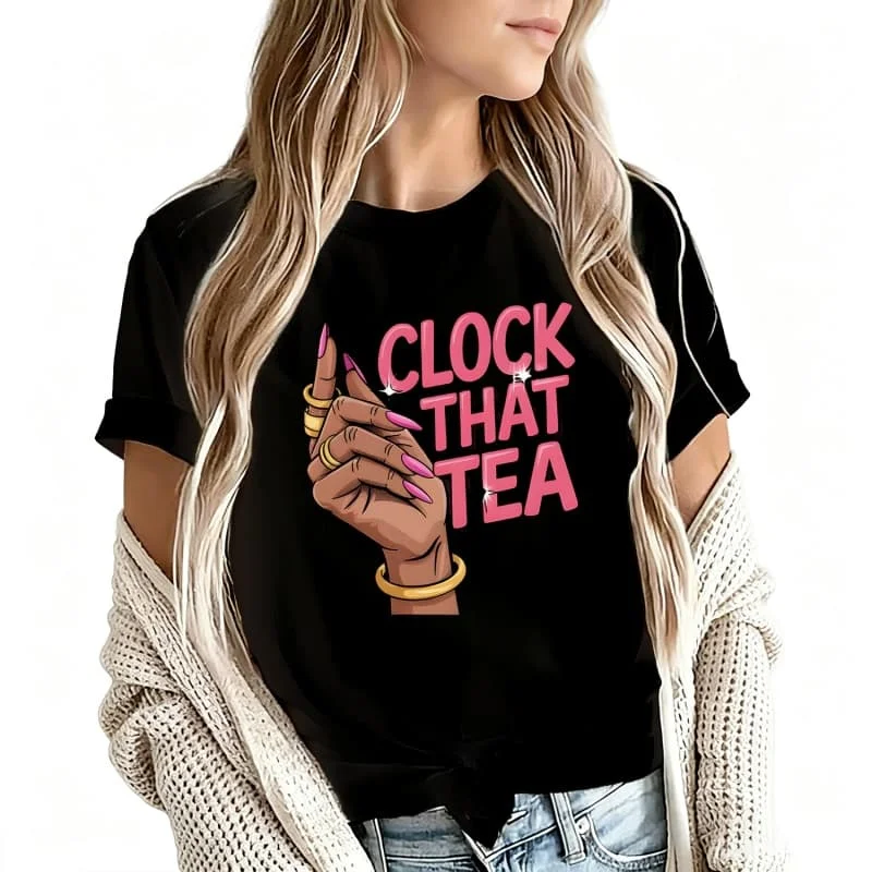 Clock That Tea Women's T-Shirt 100% Cotton Funny Graphic Short Sleeve Tee Novelty Shirt Casual Crew Neck Top S-5Xl
