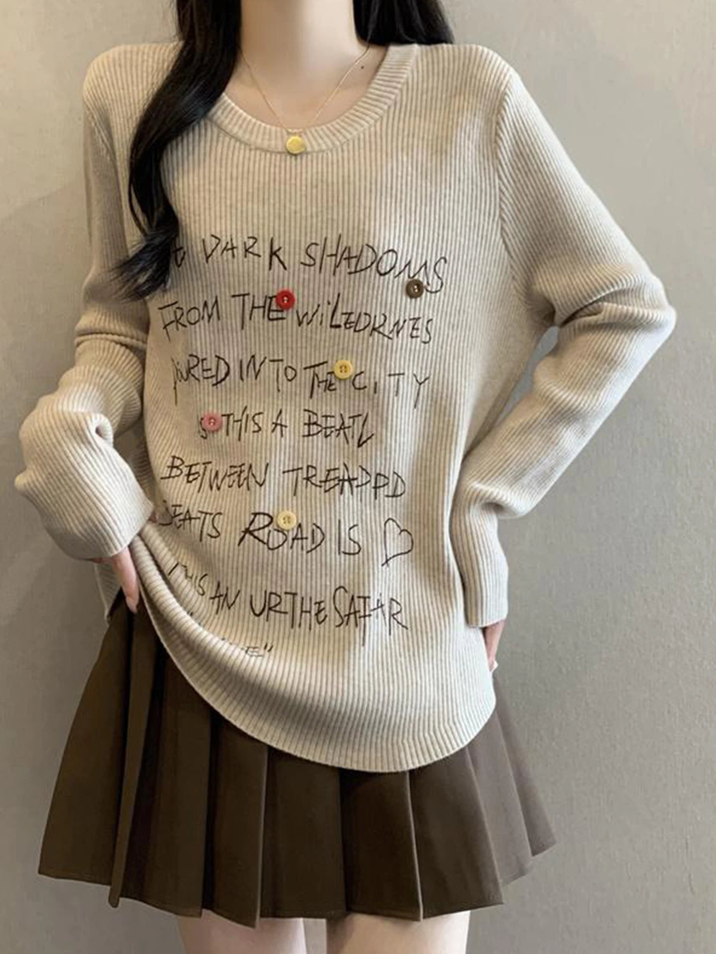 

Slimming plus Size Women's Knitwear U-Ne Letter Print Regular oulder Fit Korean Sle Long Sve Base irt Top