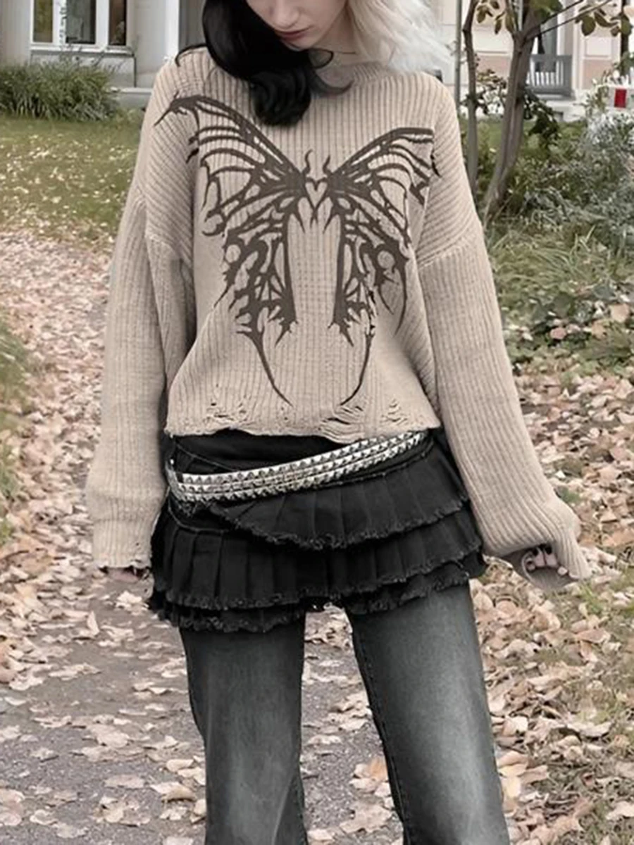 Women Knit Sweater Long Sleeve Crew Neck Butterfly Pullover Warm Sweater for Fall Winter