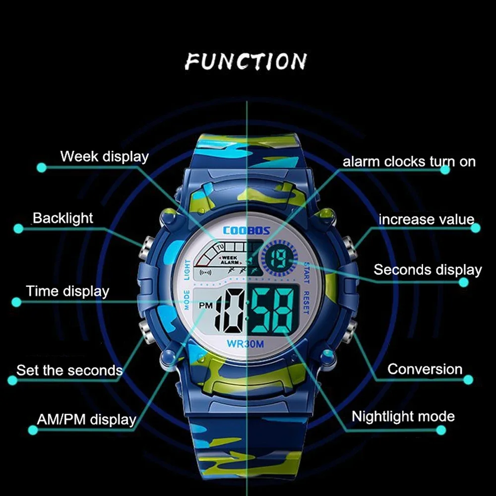 Sport Digital Watch for Kids Waterproof Luminous Children\'s Electronic LED Watch Fashion Multi-function Week Display Kids Watch