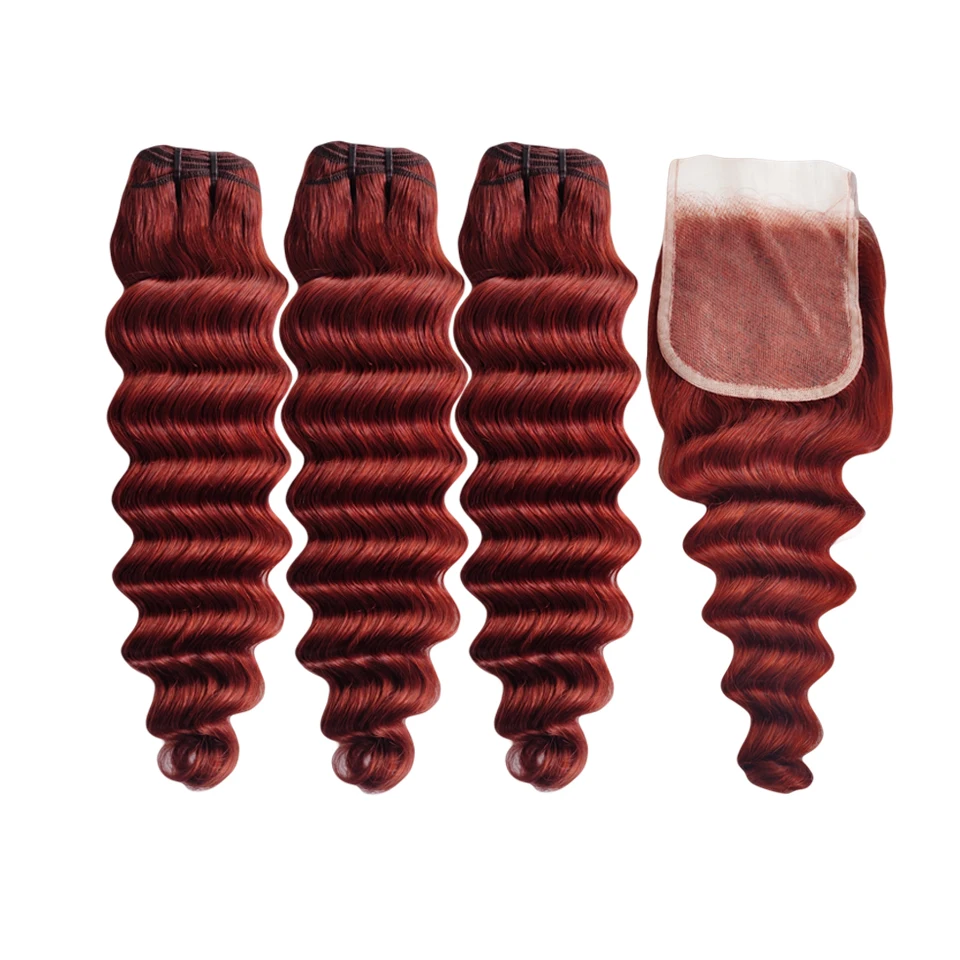 Reddish Brown Loose Deep Wave Hair Bundles With Closure Copper Red Brown Loose Deep Wave Human Hair With 4x4 Lace Closure