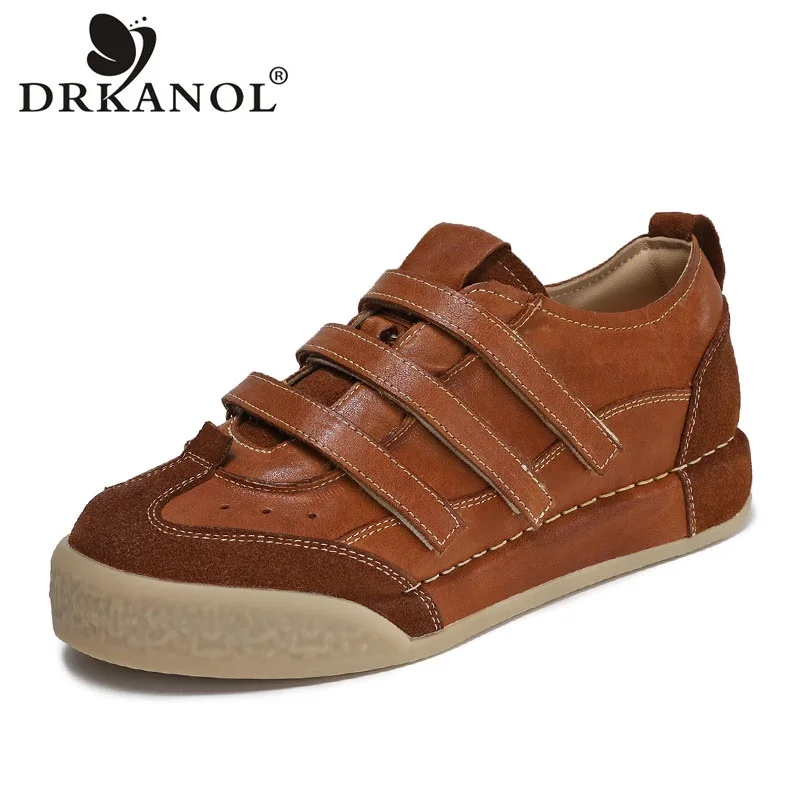 DRKANOL 2026 Women Flat Shoes Mixed Colors Genuine Cow Leather Retro Style Hook And Loop Comfort Trend Casual Board Shoes Female