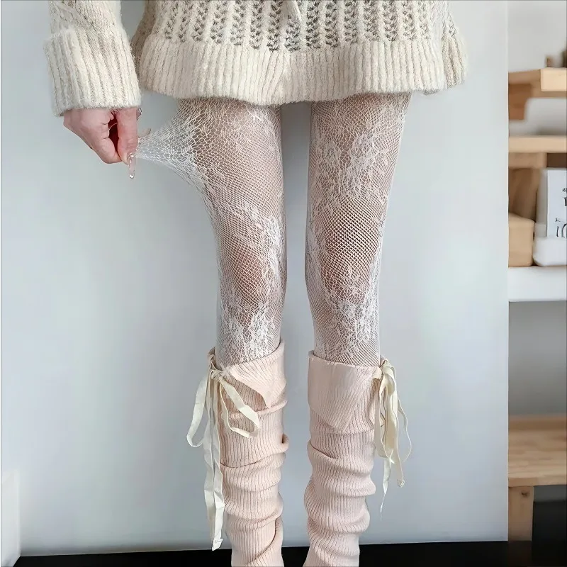 

White Hollowed Out Flower Fishnet Tights Y2K Retro Pattern Bottomed Stockings Jacquard Knit Anti-Hook Breathable Mesh Pantyhose