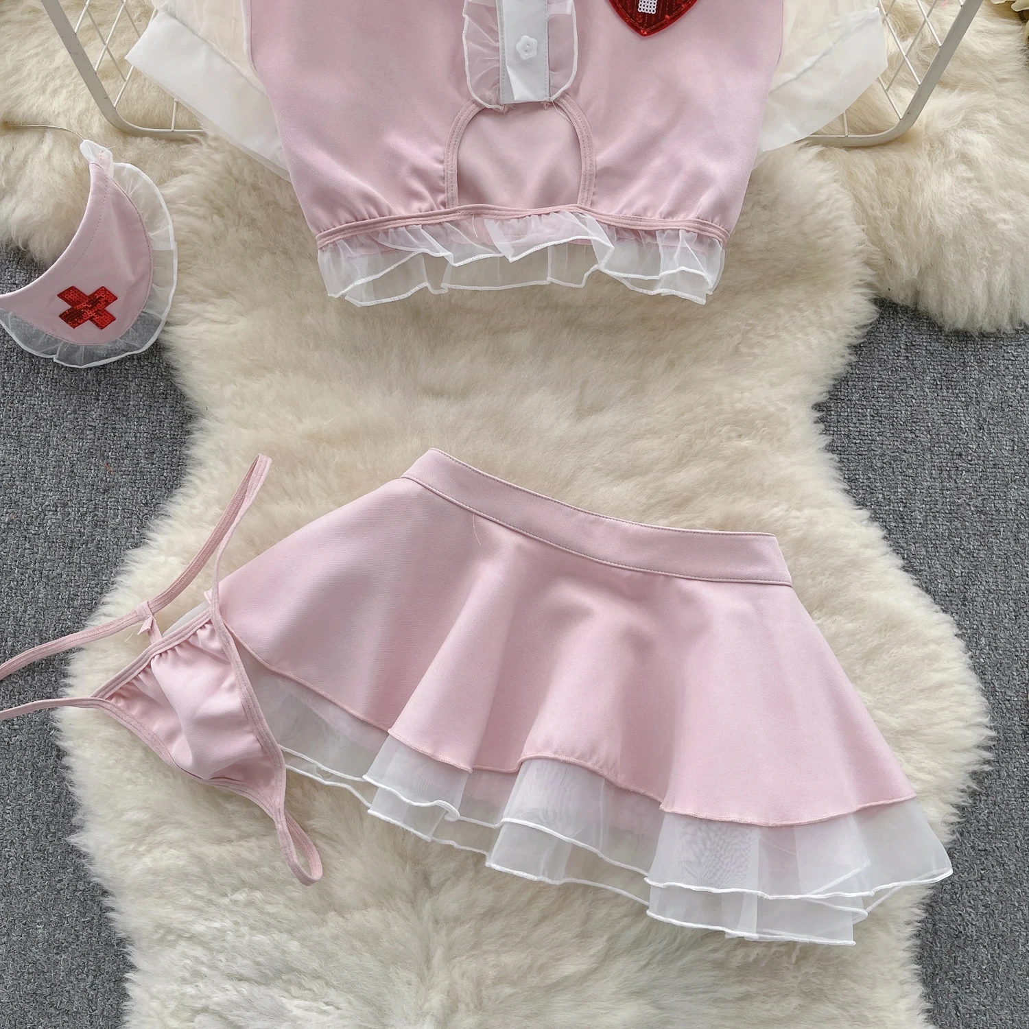 Sexy Nurse Cosplay Uniform High Waisted Ruffled Bubble Sleeve Short Top Hotsweet Girl Cute Two Layer Short Skirt Two-piece Set