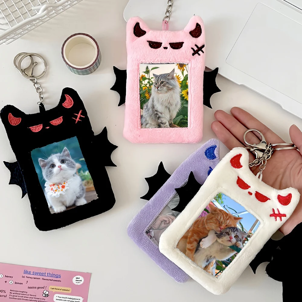 INS Cute Bat Demon Plush Photocard Holder InsIdol Photo Sleeve Protective Case Student ID Card Cover With Keychain Pendant