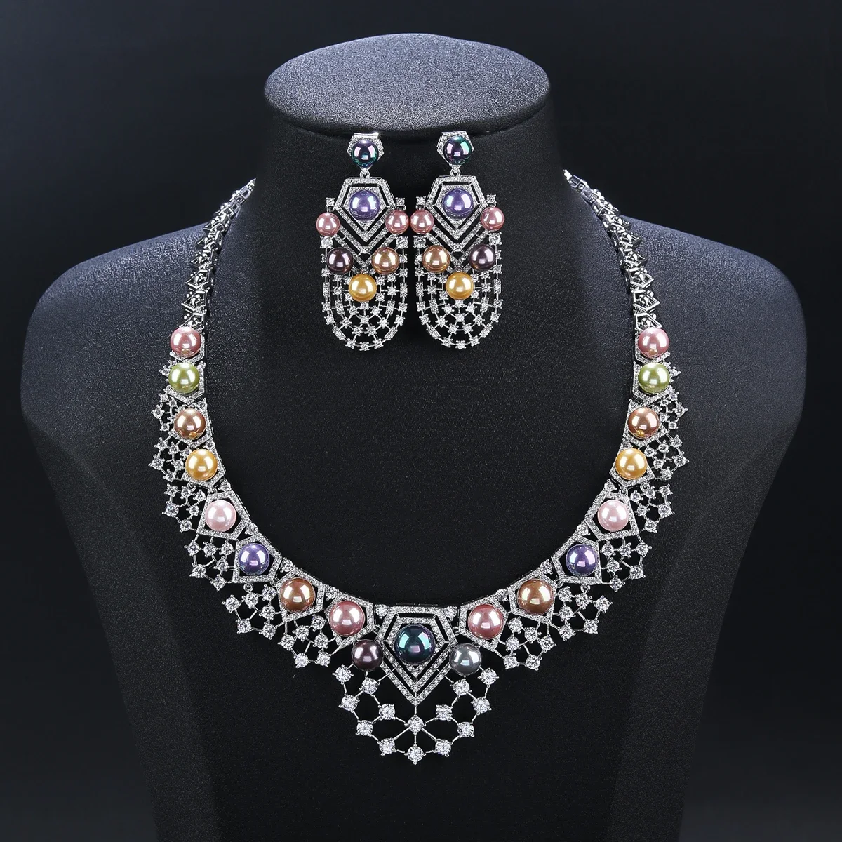 

Fashion Cubic Zirconia Colors Pearl Necklace Earrings Jewelry Sets Luxury Woman Party Bridal Wedding Accessories CN11474