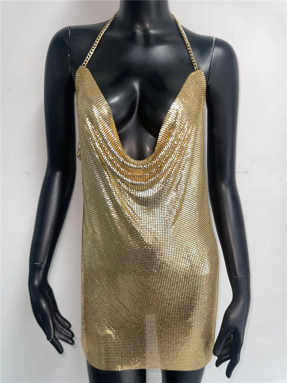 Women Luxury Metallic Sequins Mini Dress Sexy Backless Halter Neck Deep V Neck Party Dresses Rave Nightclub Streetwear 2024 New image 5