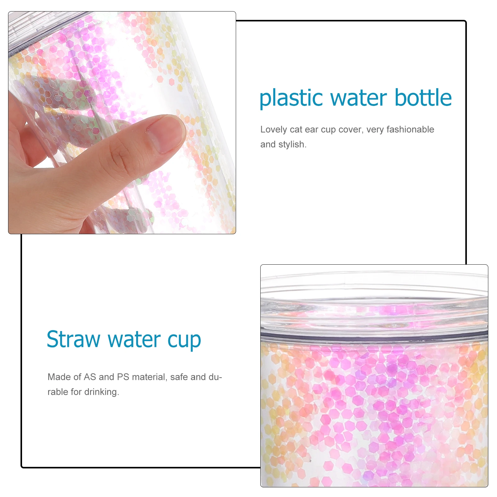 

1pc 420Ml Cat Ear Sequin Double Layer Water Plastic Straw Cup Double-Walled Pink Home Office School Travel Kitchen Bar Glass Cup