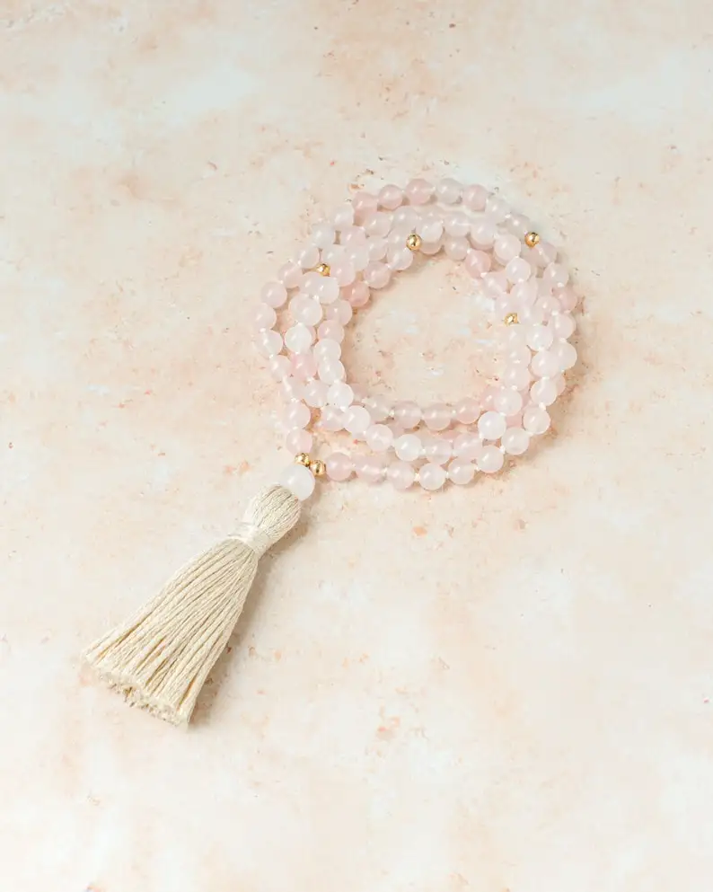 Rose Quartz Mala Beads, 108 Mala Necklace for Women, Crystal Prayer Beads, Gemstone Mala, Yoga Gift for Her, Crystal Gift for