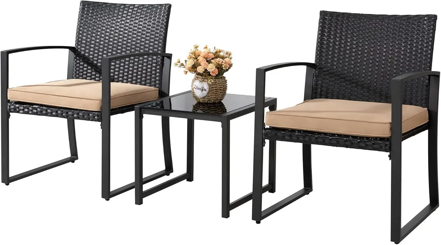 3 Pieces Outdoor Patio Furniture Set, Modern Wicker Bistro Set, Conversation Rattan Chair of 2 with Coffee Table for Yard Porch