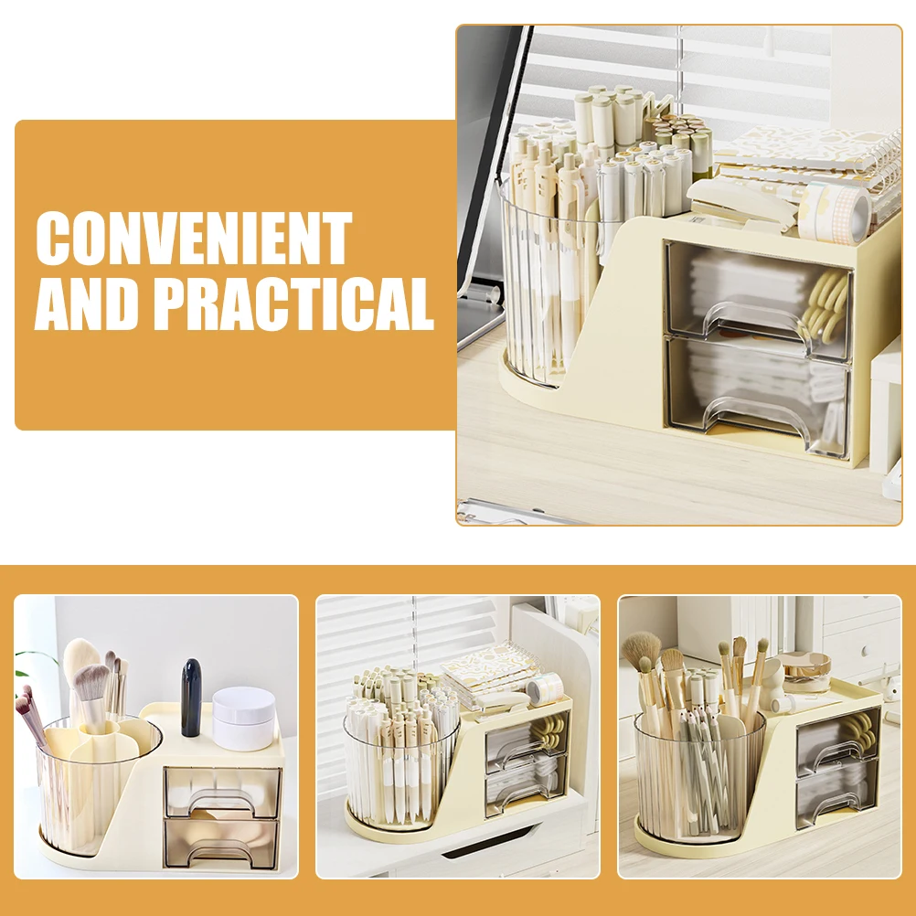 

360 Rotating Pen Organizer Drawer Box White Desktop Storage Organizer for Pens Ruler Makeup Desk Organization Drawers