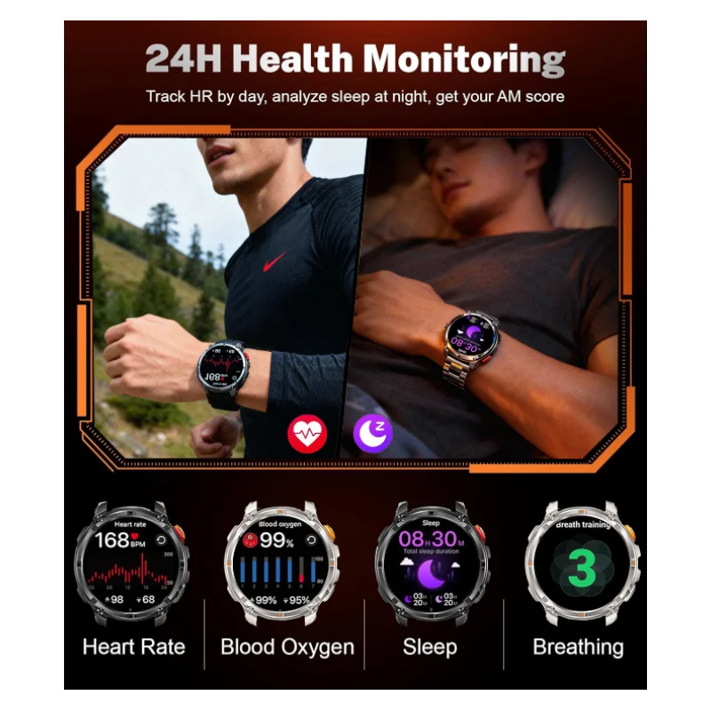 Nowy Zegarek Smartwatch Męski Outdoor z Dużą Baterią 1100mAh, Wojskowy GPS, Kompas, Pomiar Tętna, Wodoodporność 5ATM, Połączenia Bluetooth, Smartwatch dla Dorosłych