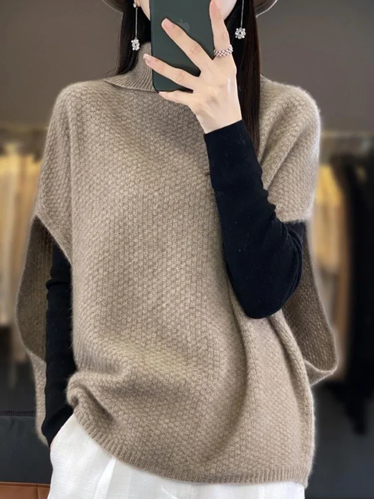 Waistcoat Pullover Knit Vests for Women Long Loose Lady Sweaters Beige High Collar Smooth Clothing Trend 2024 New Knitwear Y2k