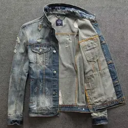 Harajuku Fashion Korean Style Clothes Vintage Cargo Ripped Stylish and Casual Men's Cotton Jeans Jacket for Autumn and Winter