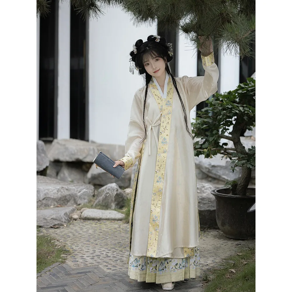 Guofeng Ming-made Hanfu women's pair wears cross-sleeved narrow sleeves, color matching dark pattern jacquard horse skirt set