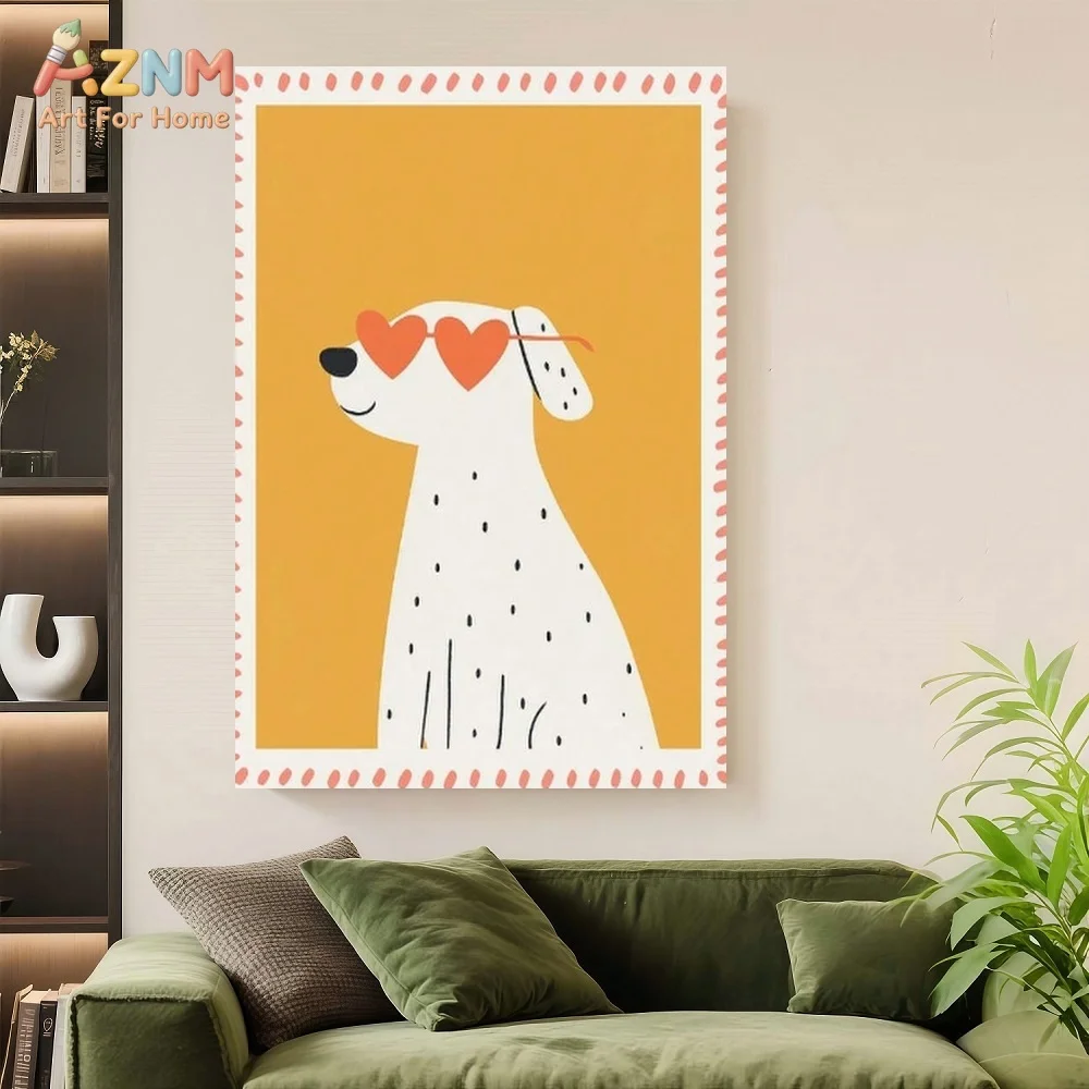 AZNM Cute Dalmatian Dog With Heart Sunglasses Stamp Canvas Wall Art Cartoon Pet Illustration Kids Room Decor Unframed