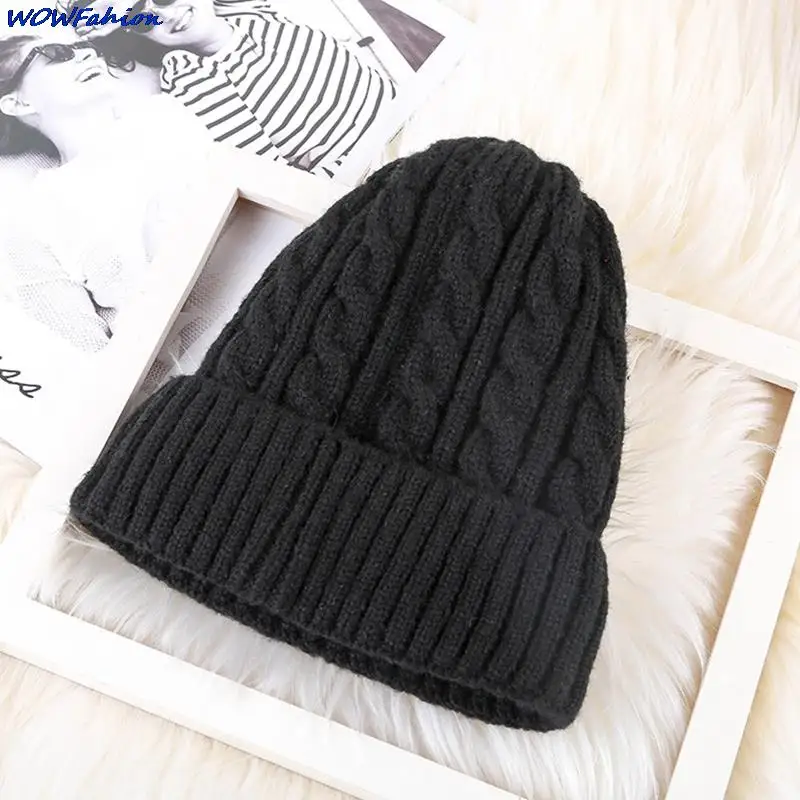 Womens Thick Warm Beanies Hats Solid Color Twist Knitted Mohair Fleece Lined Cap Outdoor Plush Windproof Bonnet Skullcap