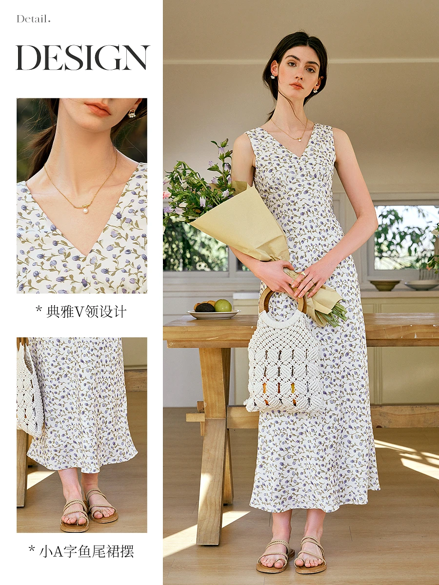 OLrain Elegant Summer Floral Long Dresses for Woman 2025 French Fashion Print V-neck Tank Dresses Female Clothing O57XL96983