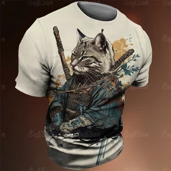 Japan Samurai Cat Graphic T Shirts Cool Classic Art Style Men's and Women's Printing Tees Fashion O-neck Short Sleeve Loose Tops