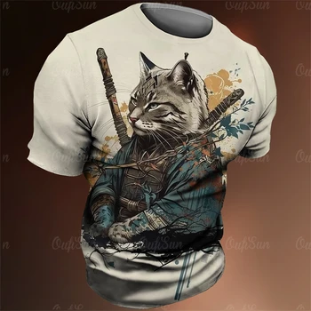 Japonya samuray kedi grafik T shirt serin klasik sanat tarzı erkek ve kadın baskı Tees moda o-boyun kısa kollu gevşek Tops