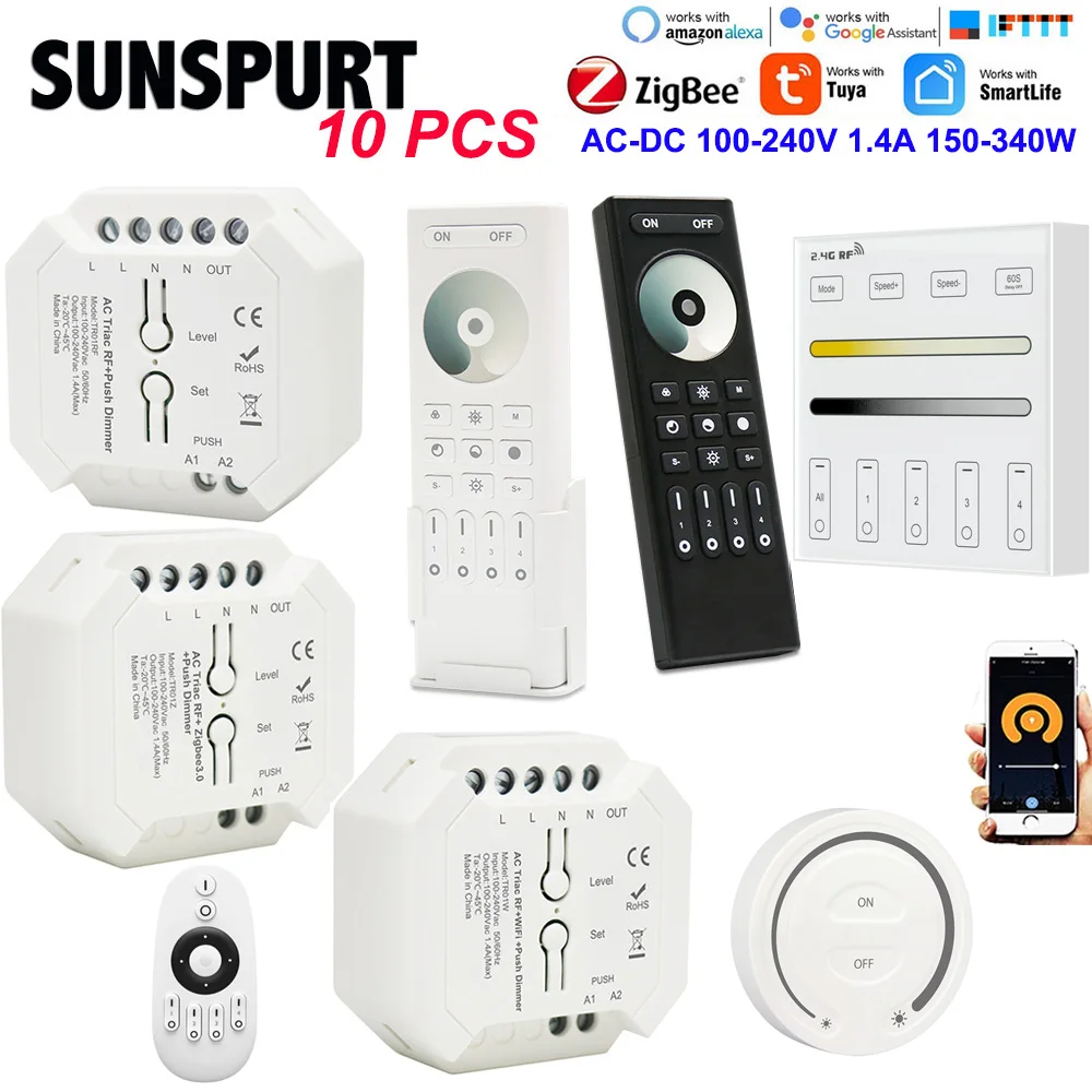 

1-10 RF + Push AC Phase-cut Dimmer 2.4G RF LED controller TR01 TUYA Zigbee 3.0 WiFi & RF AC Triac Dimmer APP switch single color