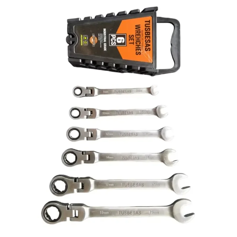 TUSBESAS 6 PCS Flexible Head Ratchet Combination Wrench SetCrV Steel Mirror Finish Metric Ratcheting Spanner Set for Auto