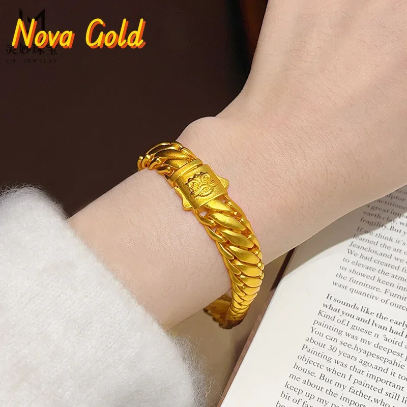 NovaGlod Ancient gold 9999 24K real gold lion awakening three horsewhip bracelet wide frosted boss Cuban chain domineering gift